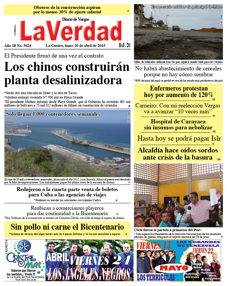 La Guaira, lunes 20 de abril de 2015 Año 18 No. 5624