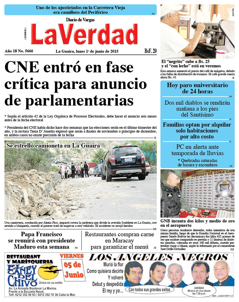 La Guaira, lunes 1º de junio de 2015 Año 18 No. 5666