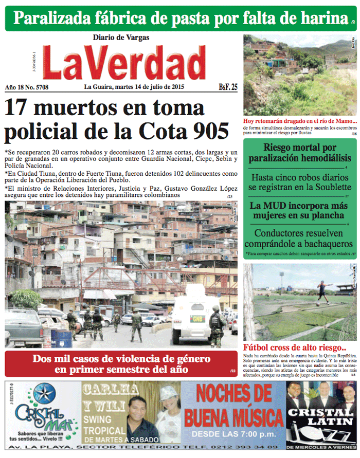 La Guaira, martes 14 de julio de 2015 Año 18 No. 5708