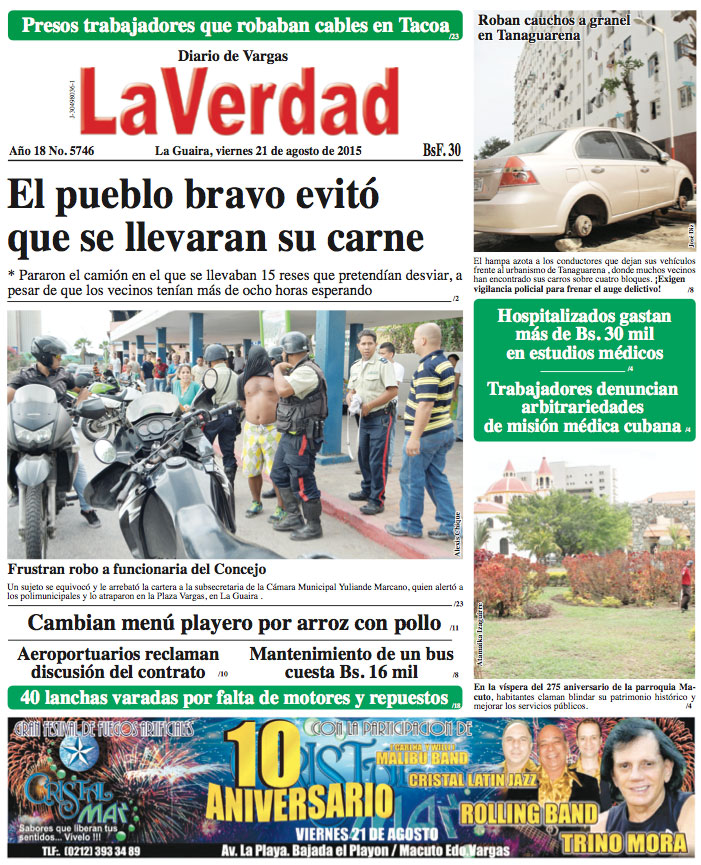 La Guaira, viernes 21 de agosto de 2015 Año 18 No. 5746