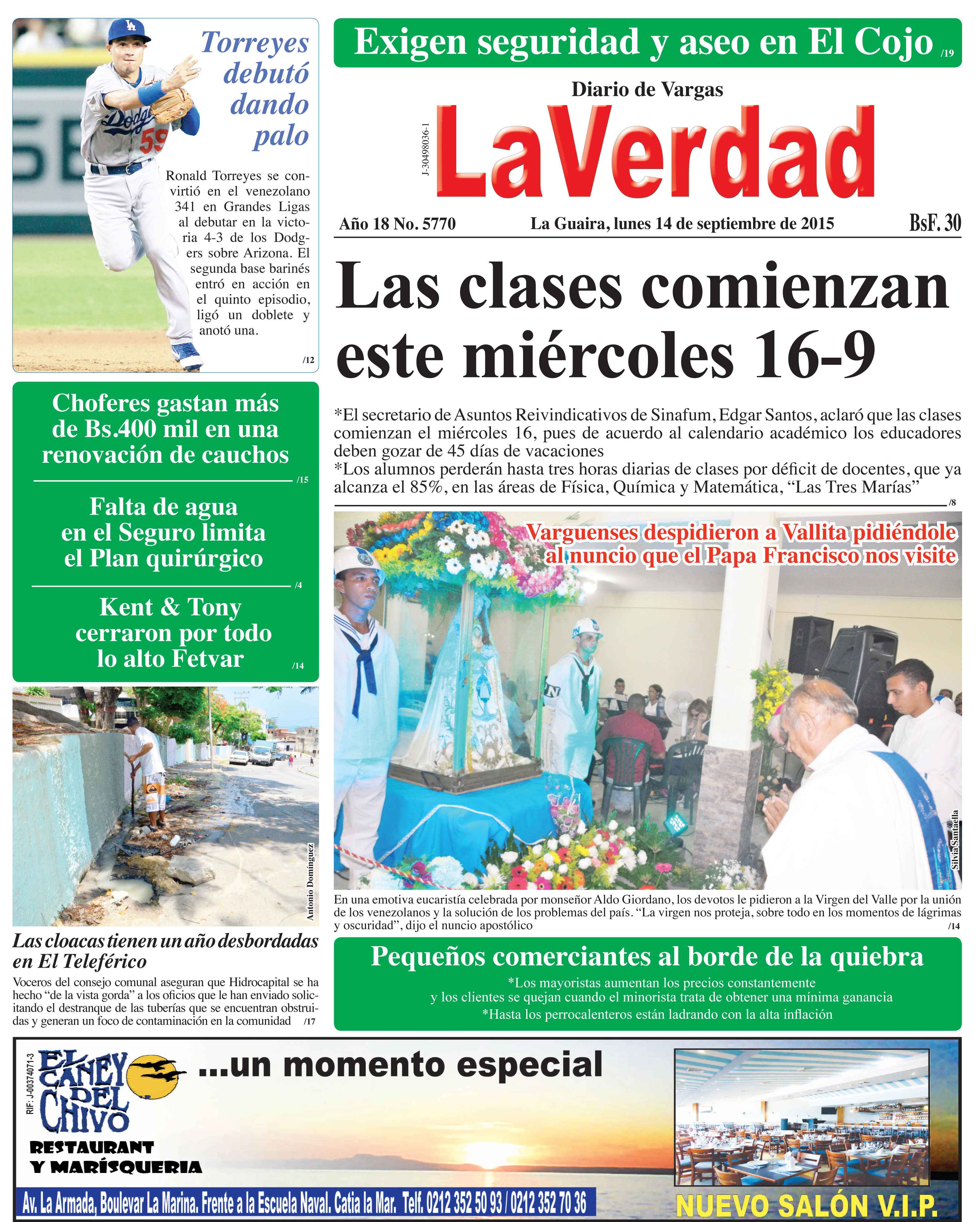 La Guaira, lunes 14 de septiembre de 2015 Año 18 No. 5770