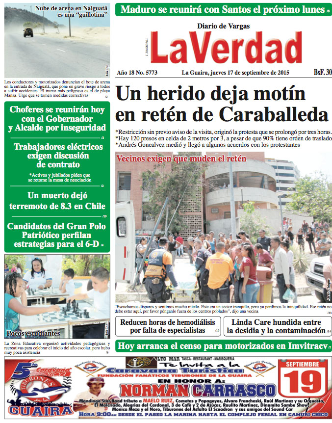 La Guaira, jueves 17 de septiembre de 2015 Año 18 No. 5773