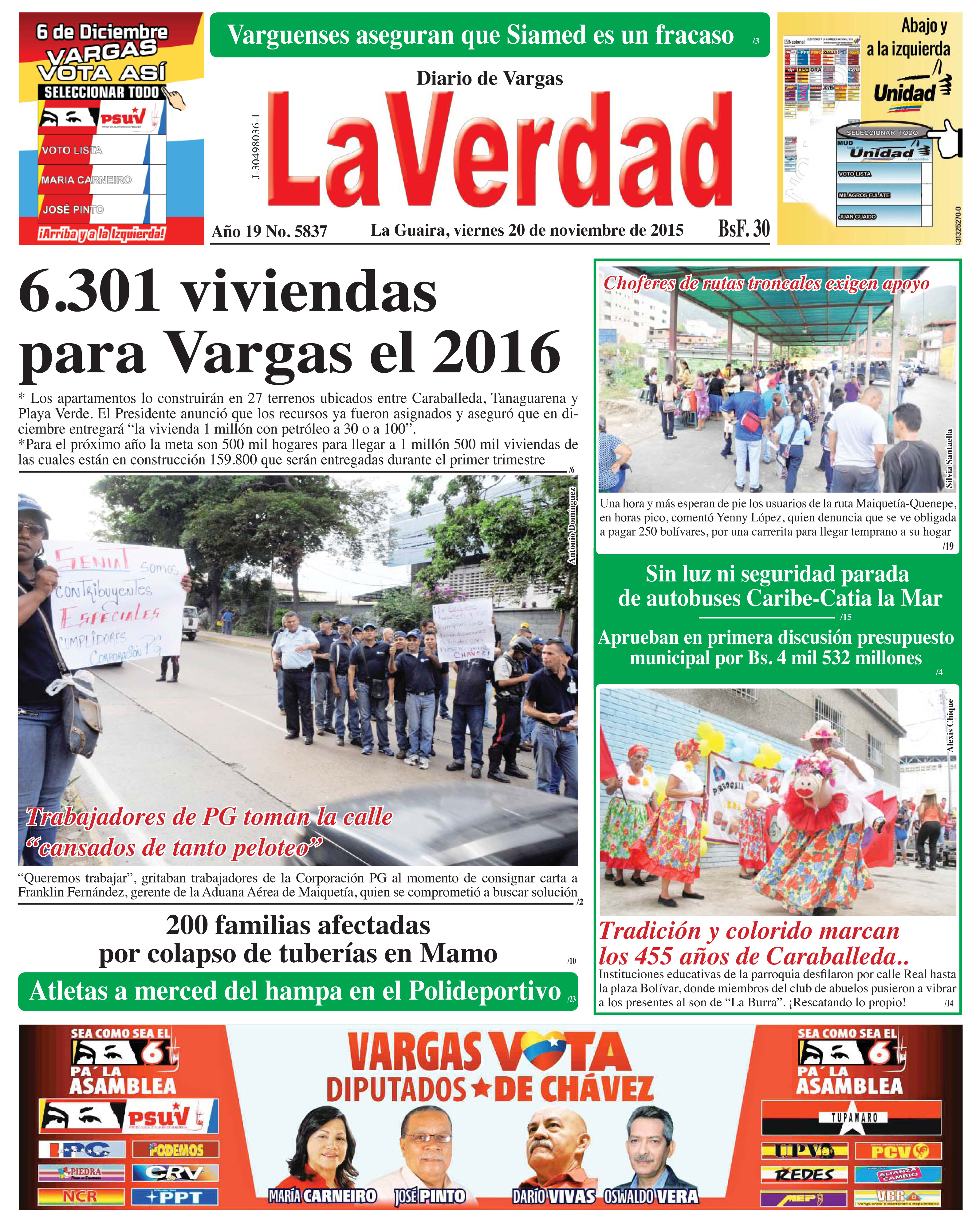 La Guaira, viernes 20 de noviembre de 2015 Año 18 Nº 5837