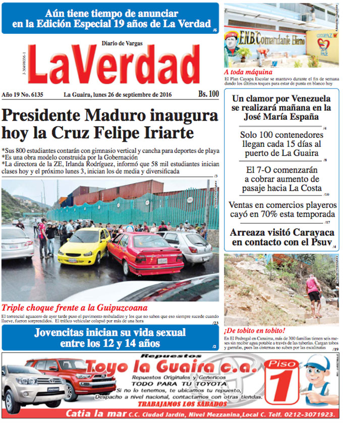 La Guaira, lunes 26 de septiembre de 2016 Año 19 Nº. 6135