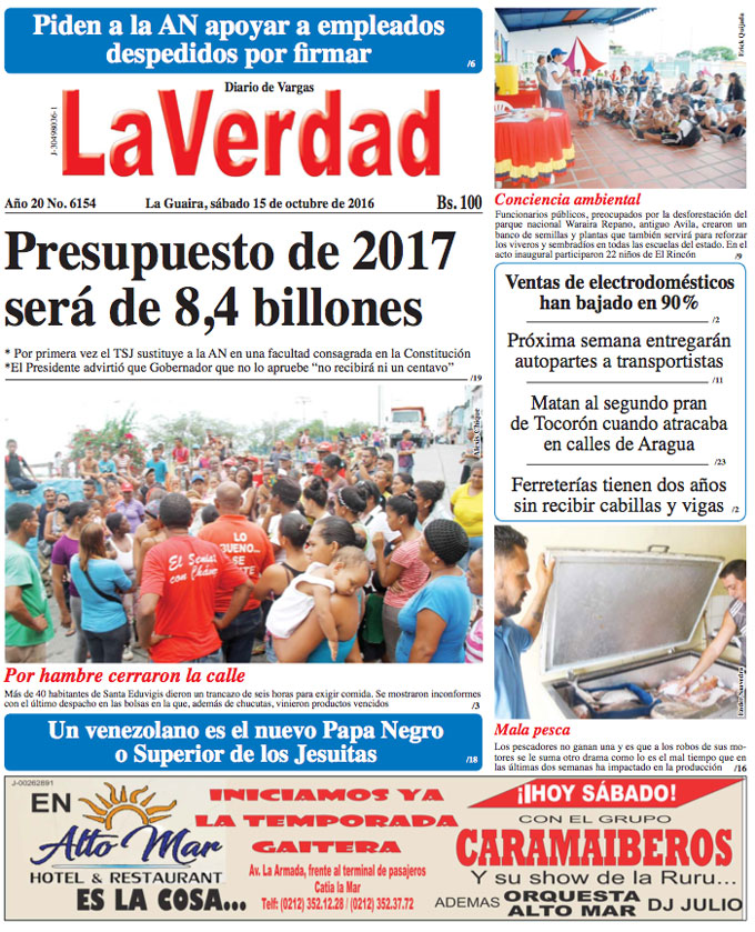 La Guaira, sabado 15 de octubre de 2016 Año 19 No. 6154