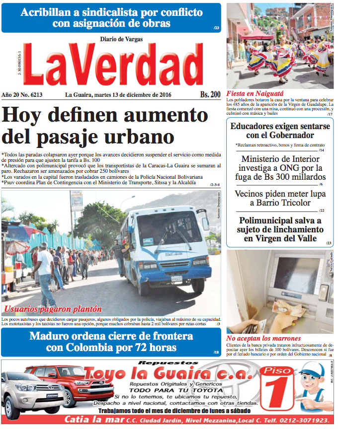 La Guaira, martes 13 de diciembre de 2016 Año 20 No. 6213