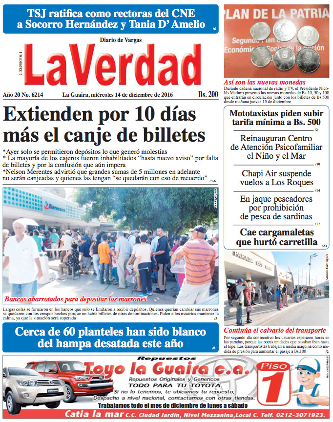 La Guaira, miercoles 14 de diciembre de 2016 Año 20 No. 6214