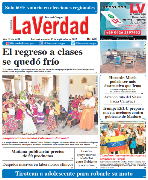 La Guaira, martes 19 de septiembre de 2017. Año 20 No. 6475