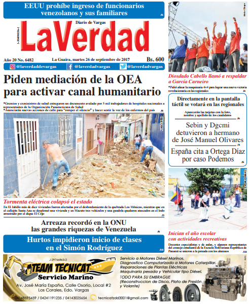 La Guaira, martes 26 de septiembre de 2017. Año 20 No. 6482