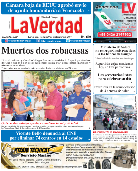 La Guaira, viernes 29 de septiembre de 2017. Año 20 No. 6485