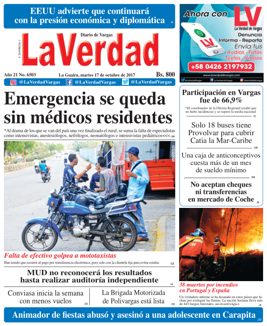 La Guaira, martes 17 de octubre de 2017. Año 20 No. 6503