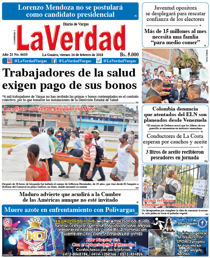 La Guaira, viernes 16 de febrero de 2018. Año 20 No 6610