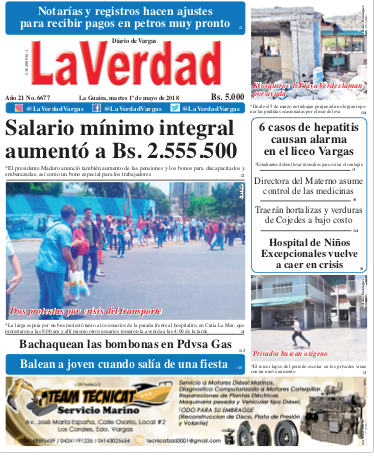 La Guaira, lunes 1 de mayo de 2018. Año 20 No 6677