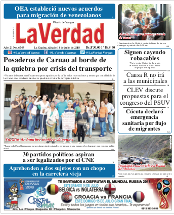 La Guaira, Sábado 14 de julio de 2018. Año 21 Nº6743