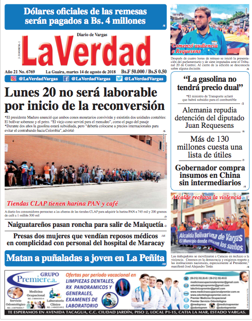 La Guaira, Martes 14 de Agosto de 2018. Año 21 Nº6769