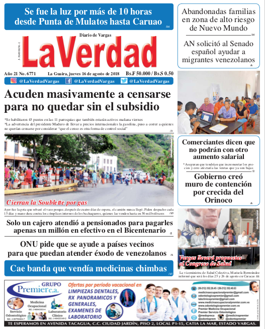 La Guaira, Jueves 16 de Agosto de 2018. Año 21 Nº6771