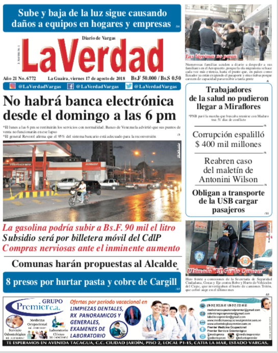 La Guaira, Viernes 17 de Agosto de 2018. Año 21 Nº6772