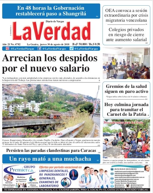 La Guaira, Jueves 30 de Agosto de 2018. Año 21 Nº6782