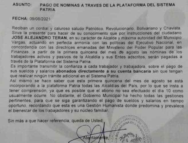 Trabajadores de la Alcaldía rechazan pago de nómina por Patria